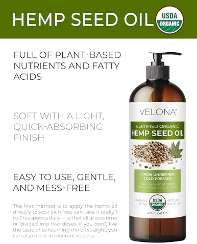velona Hemp Seed Oil USDA Certified Organic - 8 Fl Oz | 100% Pure and Natural Carrier Oil | Unrefined, Cold Pressed | Hair, Body, Face & Skin Care