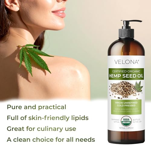 velona Hemp Seed Oil USDA Certified Organic - 8 Fl Oz | 100% Pure and Natural Carrier Oil | Unrefined, Cold Pressed | Hair, Body, Face & Skin Care