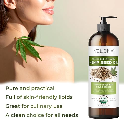 velona Hemp Seed Oil USDA Certified Organic - 32 Fl Oz | 100% Pure and Natural Carrier Oil | Unrefined, Cold Pressed | Hair, Body, Face & Skin Care