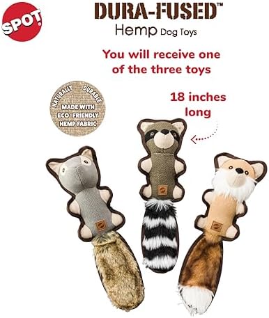SPOT Dura-Fused Hemp Friends - Dog Toy Made with Hemp Material, Fused with Tricot for Durablity, with Furry Plush Tail and Squeaker, Great for Light to Moderate Chewers - 18" Assorted Styles, 1 Piece