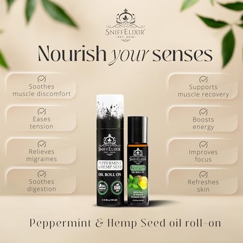 SniffElixir - Peppermint Essential Oil Roll On with Hemp Seed Oil, Essential Oils Peppermint to Ease Headaches & Migraine, Used as Headache Stick, Oil Roller - Aromatherapy Gifts for Women and Men